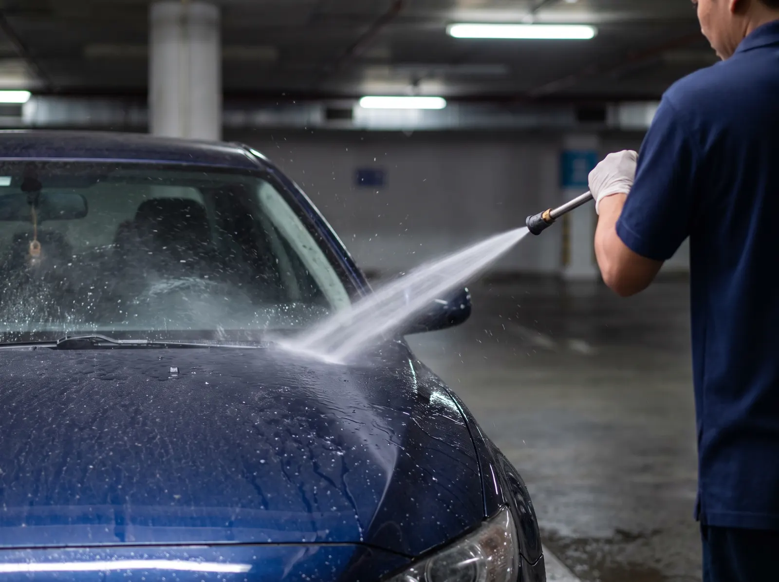 Pressure hose rinsing water over a blue car's roof and window