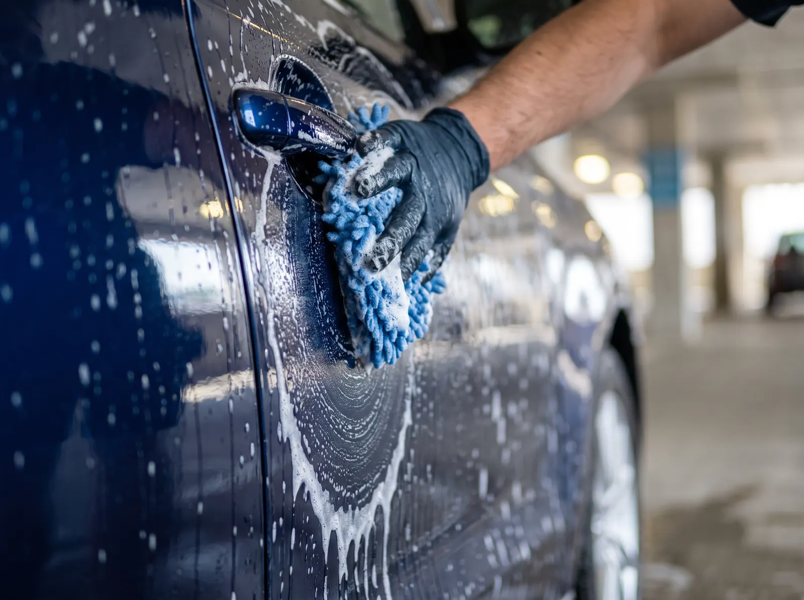 Blue microfiber mitt scrubbing a soapy car panel