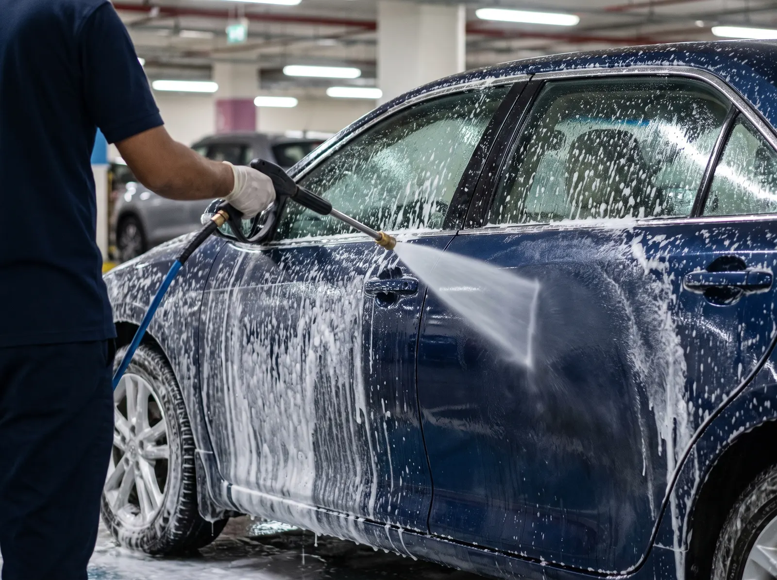 Pressure spray rinsing thick foam off the side of a car