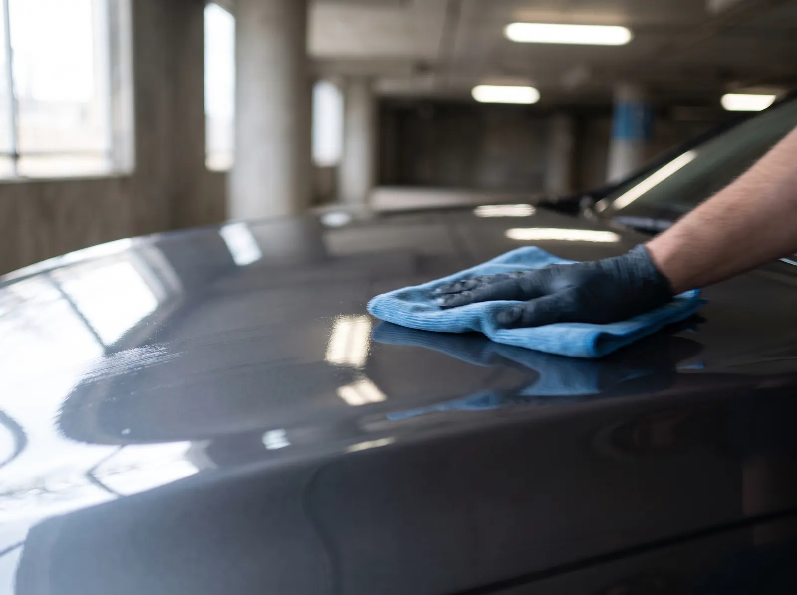 Blue microfiber cloth wiping a glossy car panel dry